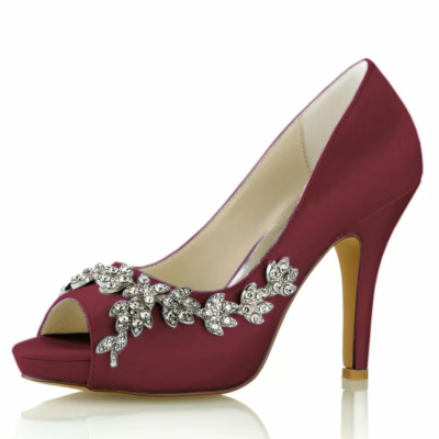 Maroon Satin Peep Toe Wedding Shoes Rhinestone Flowers Stiletto Heel Platform Pumps