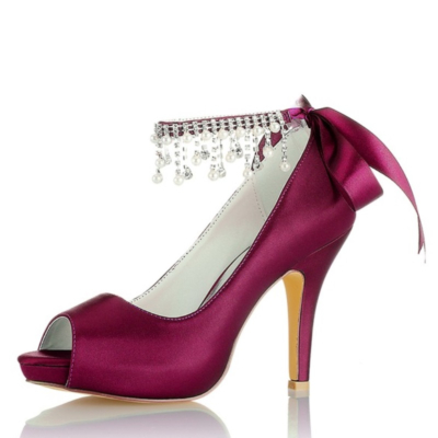 Maroon Blue Satin Peep Toe Wedding Shoes  Ankle Strap Stiletto Heel Platform Pumps