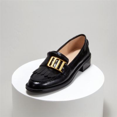 Black Metal Buckle Leather Loafers Women's Shoes with Low Heel
