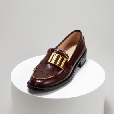 Brown Metal Buckle Leather Loafers Women's Shoes with Low Heel
