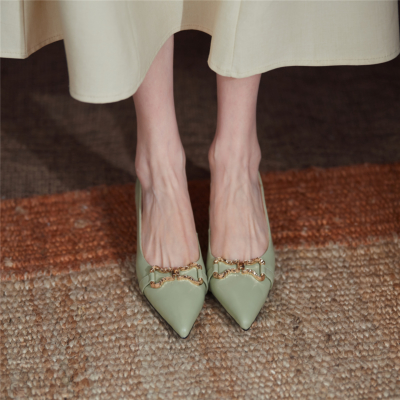 Green Metal Chain Flat Leather Shoes Pumps With Pointed Toe