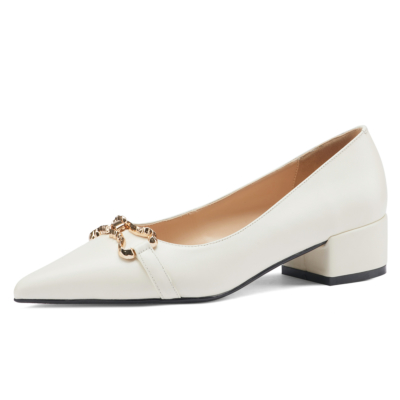 White Metal Chain Flat Leather Shoes Pumps With Pointed Toe
