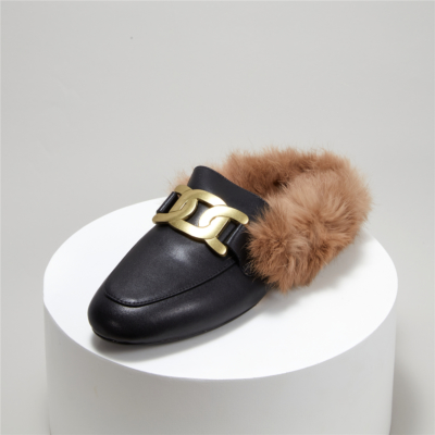 Metal Chain Mules Flats Round Toe Loafers Slides with Fur