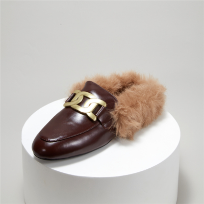 Brown Metal Chain Mules Flats Round Toe Loafers Slides with Fur