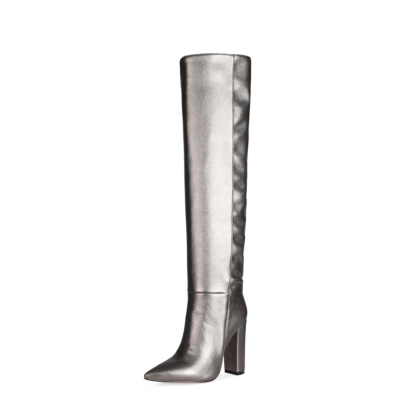 Grey Metallic Slouch Boots Over-the-knee Elastic Boots with Block Heels