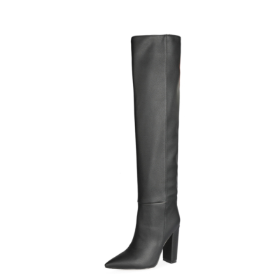 Black Spring Metallic Slouch Boots Knee High Stretch Boots with Block High Heels