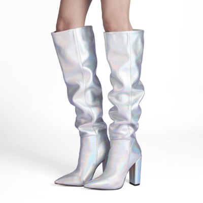 Silver 2022 Metallic Slouch Boots Block High Heels Over The Knee Boots