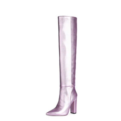 Lilac Boots Metallic Slouch  Over The Knee Stretch Boots with Block Heels