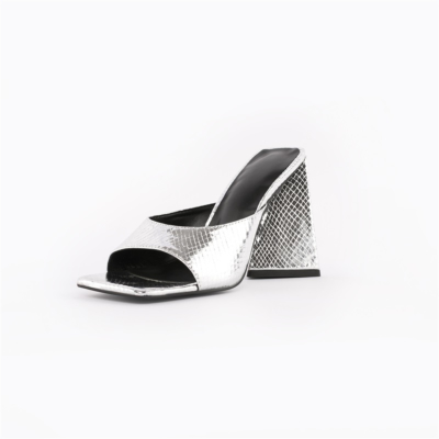 Metallic Silver Snake Embossed Sandals Chunky Heels Slide Shoes Square Toe