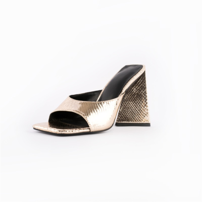 Metallic Gold Snake Embossed Sandals Chunky Heels Slide Shoes Square Toe