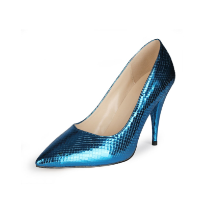 Blue Metallic Snake Printed Pumps Slip-on Women's Shoes with 4 inch High Heels