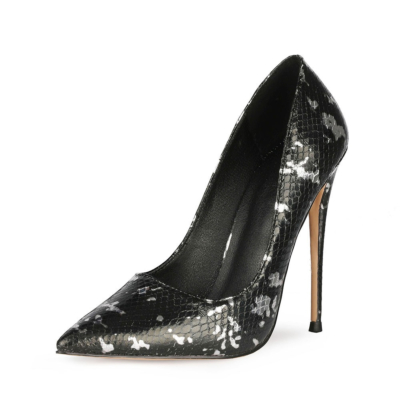 Black Metallic Snake Printed Pumps Slip-on Women's Shoes with 5 inch High Heels