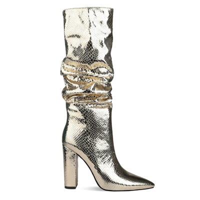 Golden Metallic Snake Effect Slouchy Pointy Toe Knee High Boots