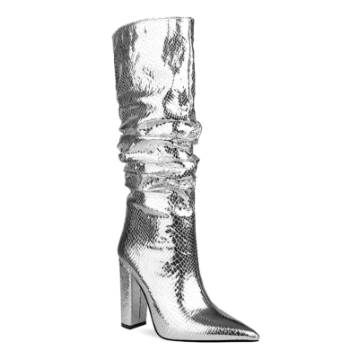 Metallic Snake Effect Slouchy Pointy Toe Knee High Boots