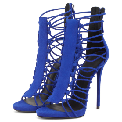 Blue Metallic Strappy Open Toe Stiletto Sandals Back Zipper 12cm Heels