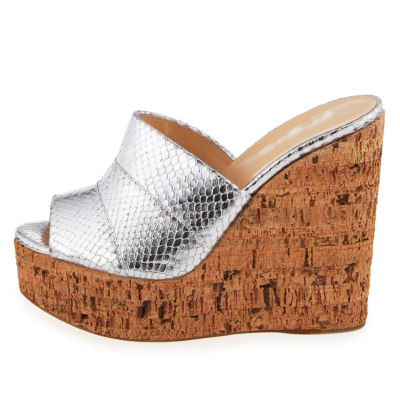 Metallic Women's Slide Sandals with Wooden Wedge Heels in Silver