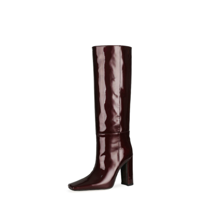 Mirror Block Heel Tall Boots Fall Knee High Boots with Sqaure Toe