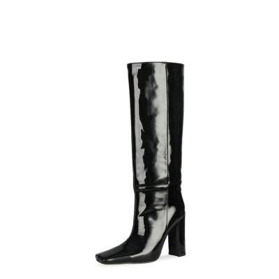 Black Mirror Block Heel Tall Boots Fall Knee High Boots with Sqaure Toe