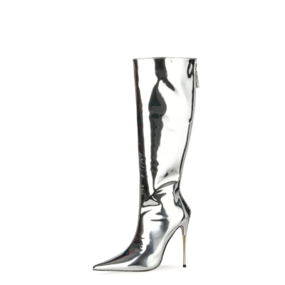 Silver Mirror Long Knee High Boots Metallic Stiletto Heel Shiny Dress Boots