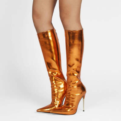 Golden Mirror Long Knee High Boots Metallic Stiletto Heel Shiny Dress Boots