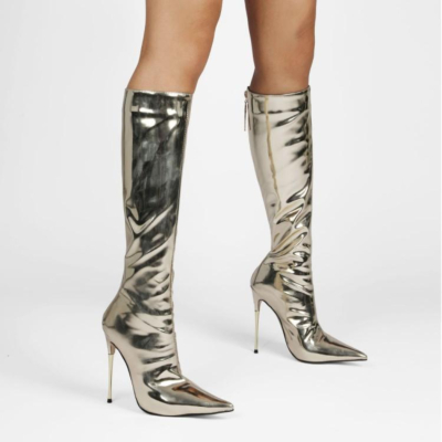 Light GoldenMirror Long Knee High Boots Metallic Stiletto Heel Shiny Dress Boots