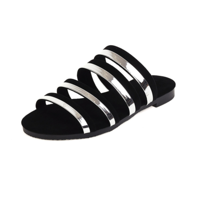 Black Multi Strap Flat Slide Sandals Metallic&Suede Beach Sandals Flat For Travel