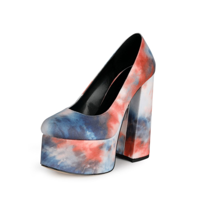Blue Multicolor Printed High Heel Platform Pumps Shoes with Round Toe