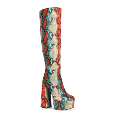 Multicolor Python Pattern Platform Chunky Heel Knee High Boots