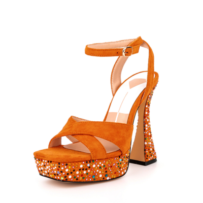 Orange Suede Rhinestone Platform Ankle Strap Spool Heel Party Sandals