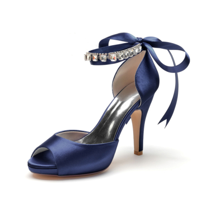 Navy Peep Toe Bow Wedding Shoes Ankle Strap  Stiletto Heel Platform Sandals