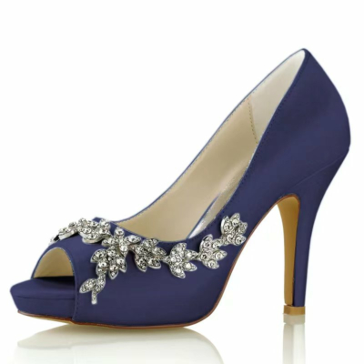 Navy Satin Peep Toe Wedding Shoes Rhinestone Flowers Stiletto Heel Platform Pumps