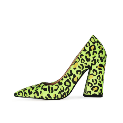 Neon Green Cheetah Printed Slip on Pumps Shoes with 4 inch Chunky Heels