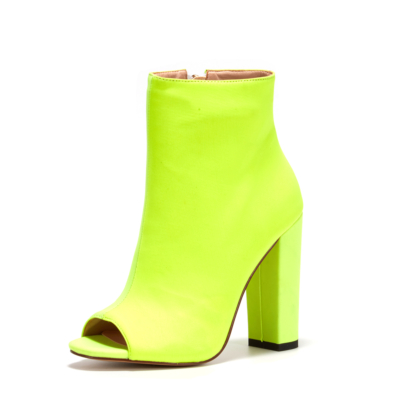 Neon Lime Green Peep Toe Heeled Ankle Boots Chunky High Heels