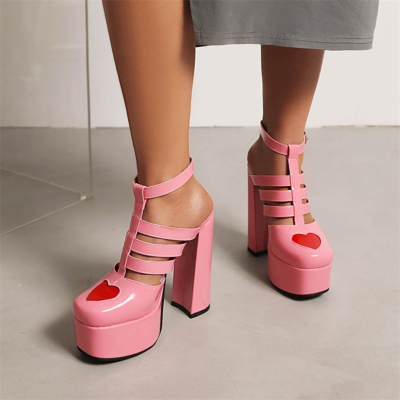 Neon Pink Platform T-Strap Strappy Chunky High Heels Heart Backless Dress Shoes