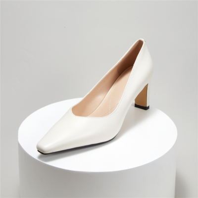 White Office Block Heel Leather Pumps Square Toe Court Shoes With Low Vamp