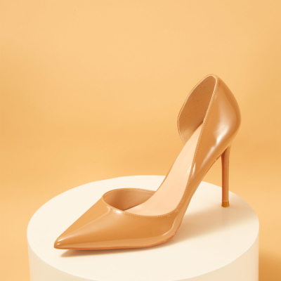 Dark Nude Patent Leather Pointed Toe D'orsay Stiletto Heels Pumps
