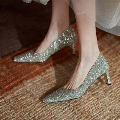 Glitter Bridal Block Heel Pumps Square Toe Sequined Shoes With Low Vamp