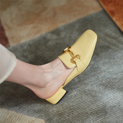 Yellow Office Horsebit Mule Loafers with Heels Slip On Leather Pumps