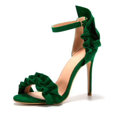 2022 Olive Green Ruffle Ankle Strap Party Sandals Stiletto Heels 4 Inches