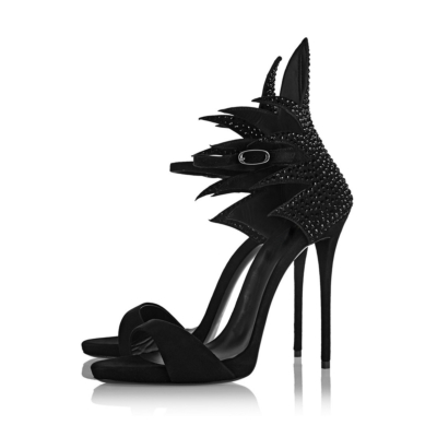 Black Summer Rhinestone Buckle Ankle Strap Stiletto Heeled Sandals for Party