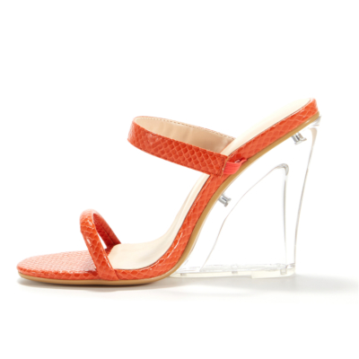 Orange Snake Print PVC Heeled Mules Two-Strap Clear Wedge Party Sandals 
