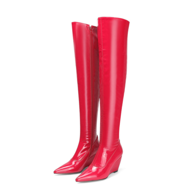 Red Wedge Heels Over The Knee Boots Shiny Pu Pointed Toe Zip Booties
