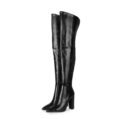 Black Textured Chunky Heel Pointed Slip-on Work Thigh High Boots