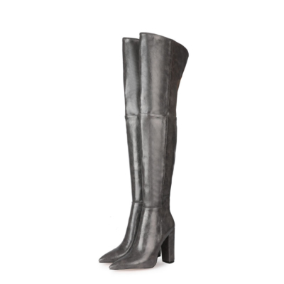 Grey Textured Chunky Heel Pointed Slip-on Work Thigh High Boots