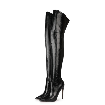 Black Over The Knee Stiletto Pointed Slip-on Work Thigh High Boots