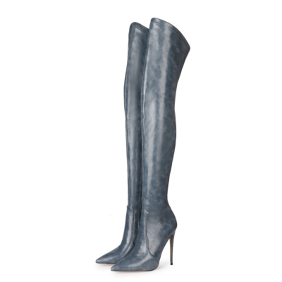 Dark Blue Over The Knee Stiletto Pointed Slip-on Work Thigh High Boots