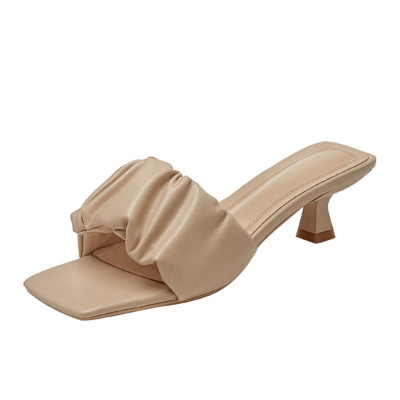 Nude Padded Sandals Summer Low Heels Slides with Square Toe