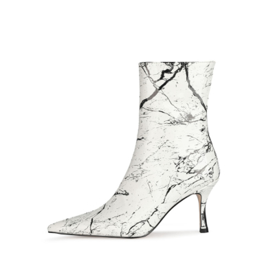 White Patent Leather Marble Ankle Boots Pointed Toe Stiletto Heels with Zipper