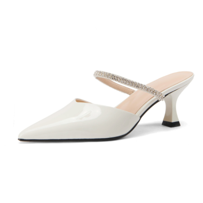 White Patent Leather Mary Jane Mule Heels Crystal Strap Spool Heel Pumps