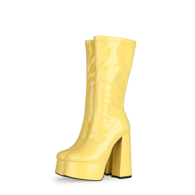 Yellow Patent Leather Minimalist Chunky Heel Round Toe Zipper Pleaser Boots